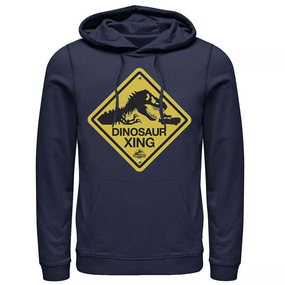 Men's Jurassic Park Dinosaur Crossing Yellow Sign Pullover Hoodie, Size: 3XL, Blue Product Image