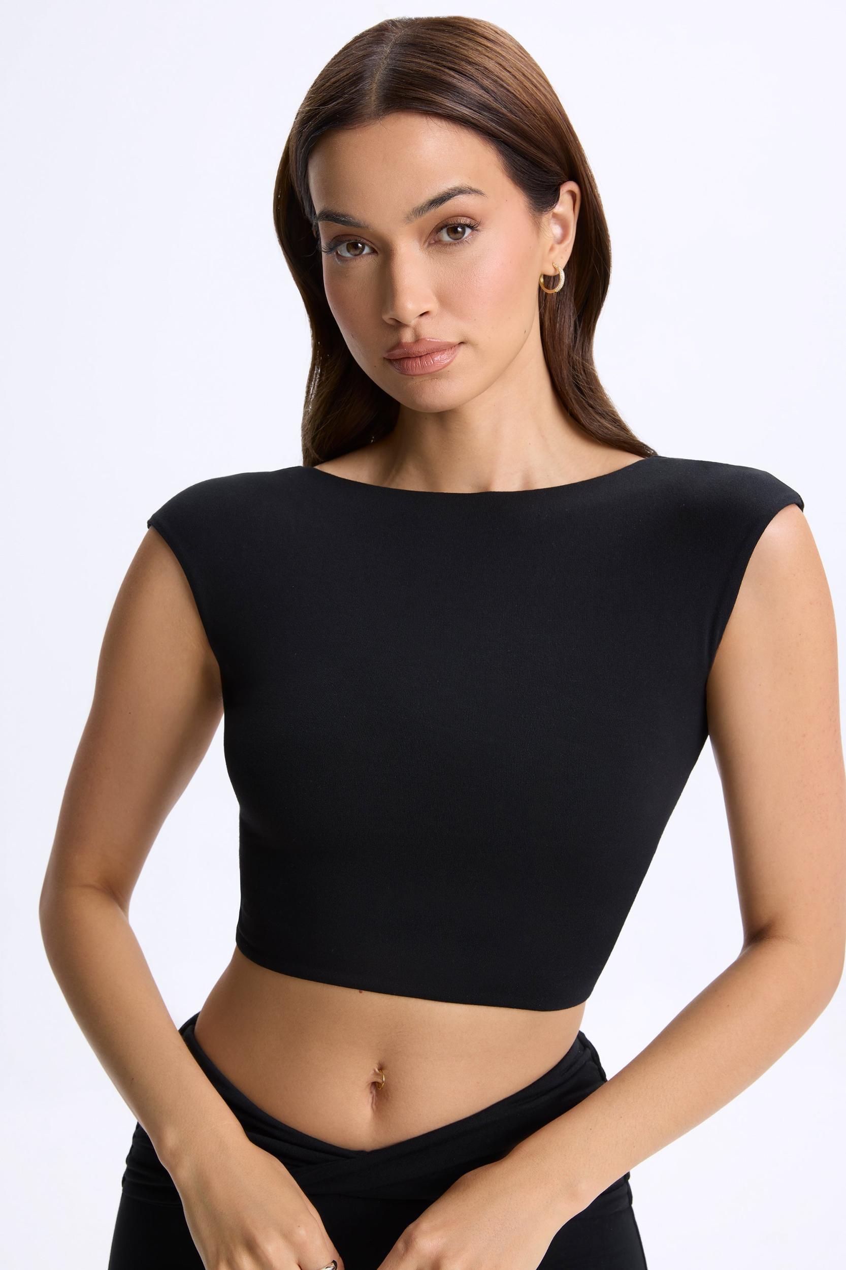 Cap-Sleeve Open-Back Crop Top in Black Product Image