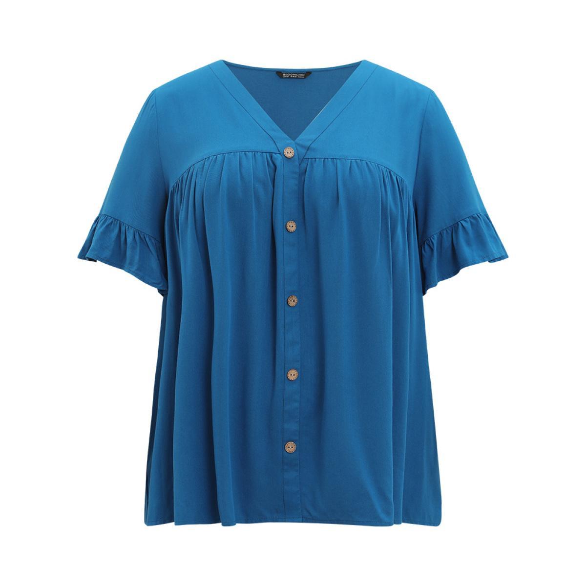 Plus Size Aegean Solid Flutter Trim Pleated Button Detail Blouse Women Office Short sleeve V-neck Work Blouses BloomChic 30/6X Product Image