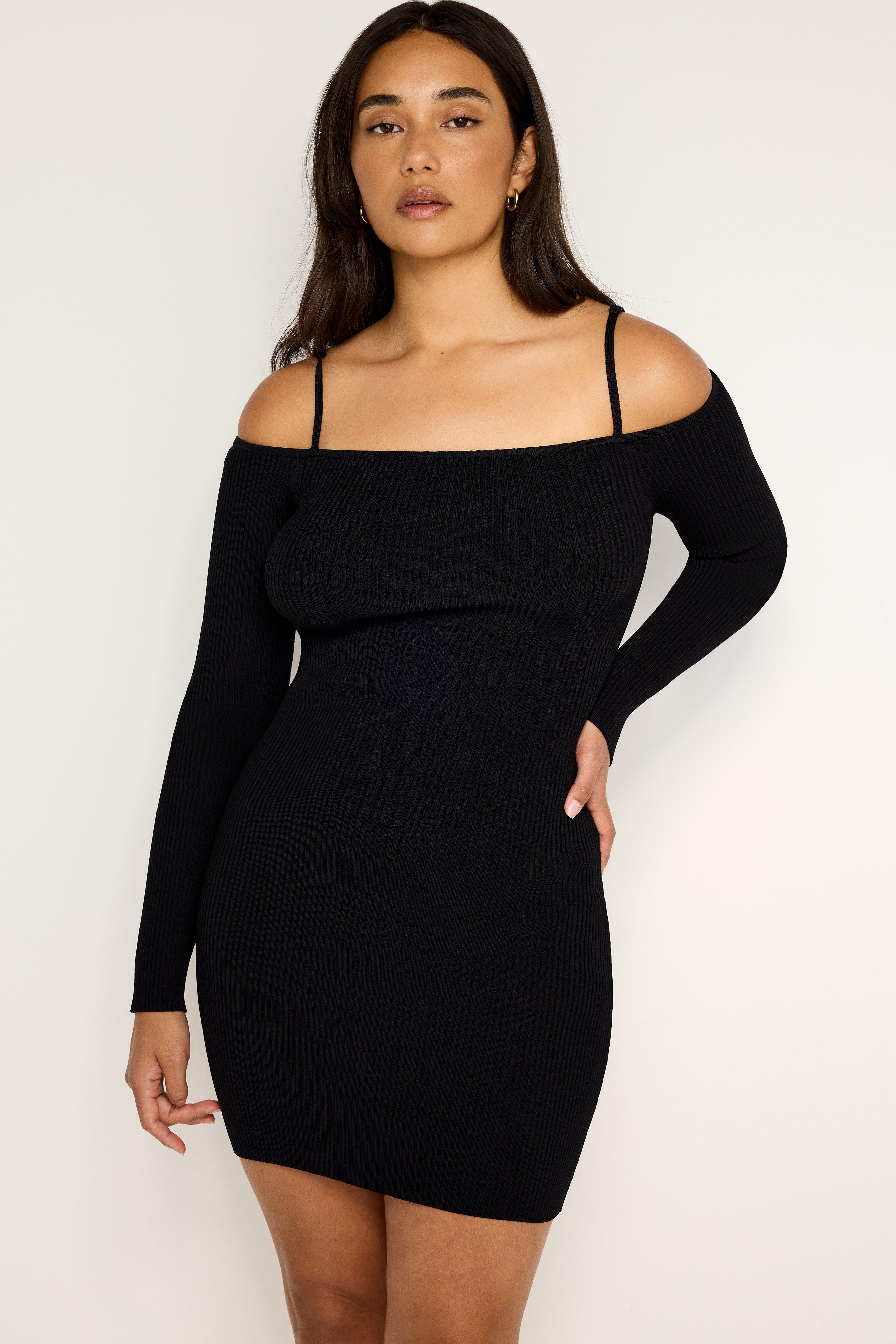 STRETCH RIB KNIT SHOULDER MINI DRESS | BLACK001 Product Image