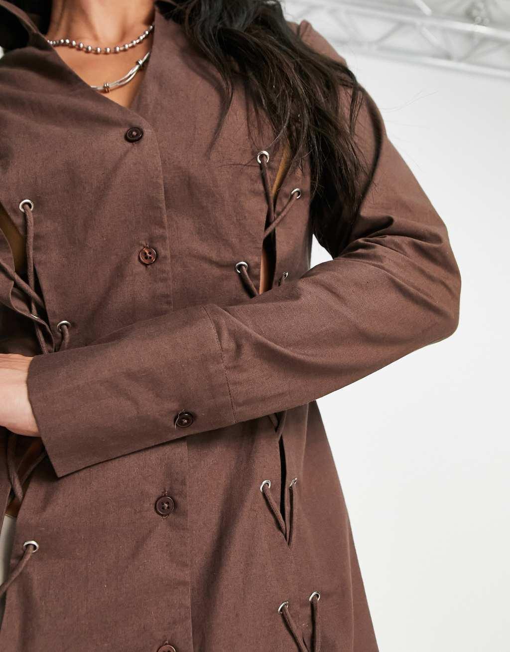 COLLUSION long sleeve lace-up shirt dress in brown  Product Image