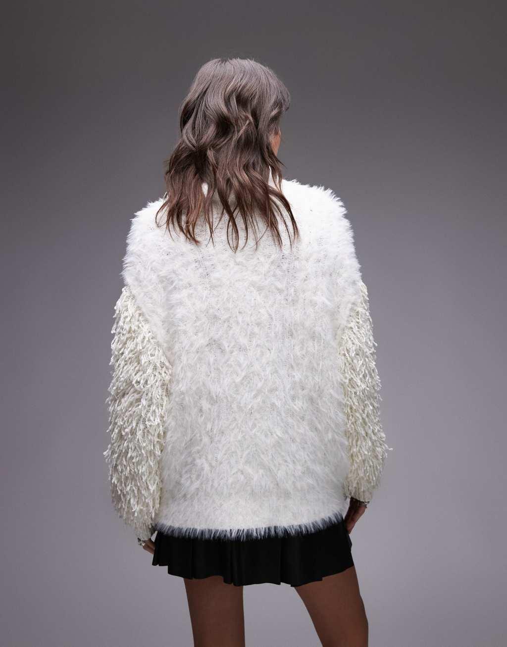 Topshop knit extreme texture contrast oversized turtle neck sweater in ivory Product Image