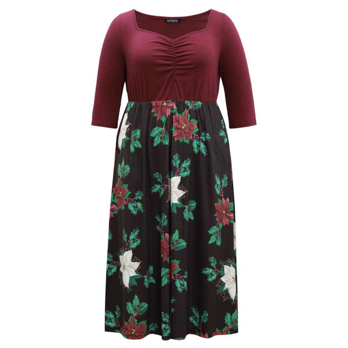 Plus Size Floral Patchwork Elastic Waist Ruched Dress Scarlet Women Office Gathered Square Neck Long Sleeve Curvy Midi Dress BloomChic 30/6X Product Image