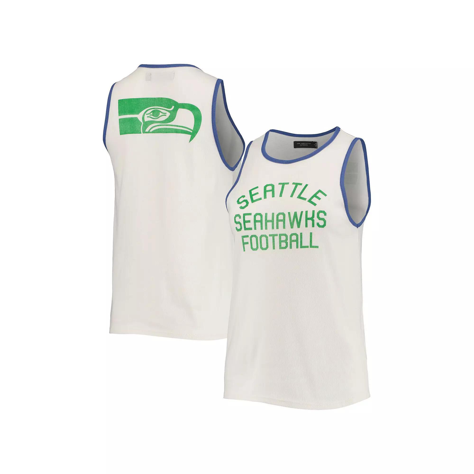 Women's Junk Food White/Royal Seattle Seahawks Throwback Pop Binding Scoop Neck Tank Top,  Product Image