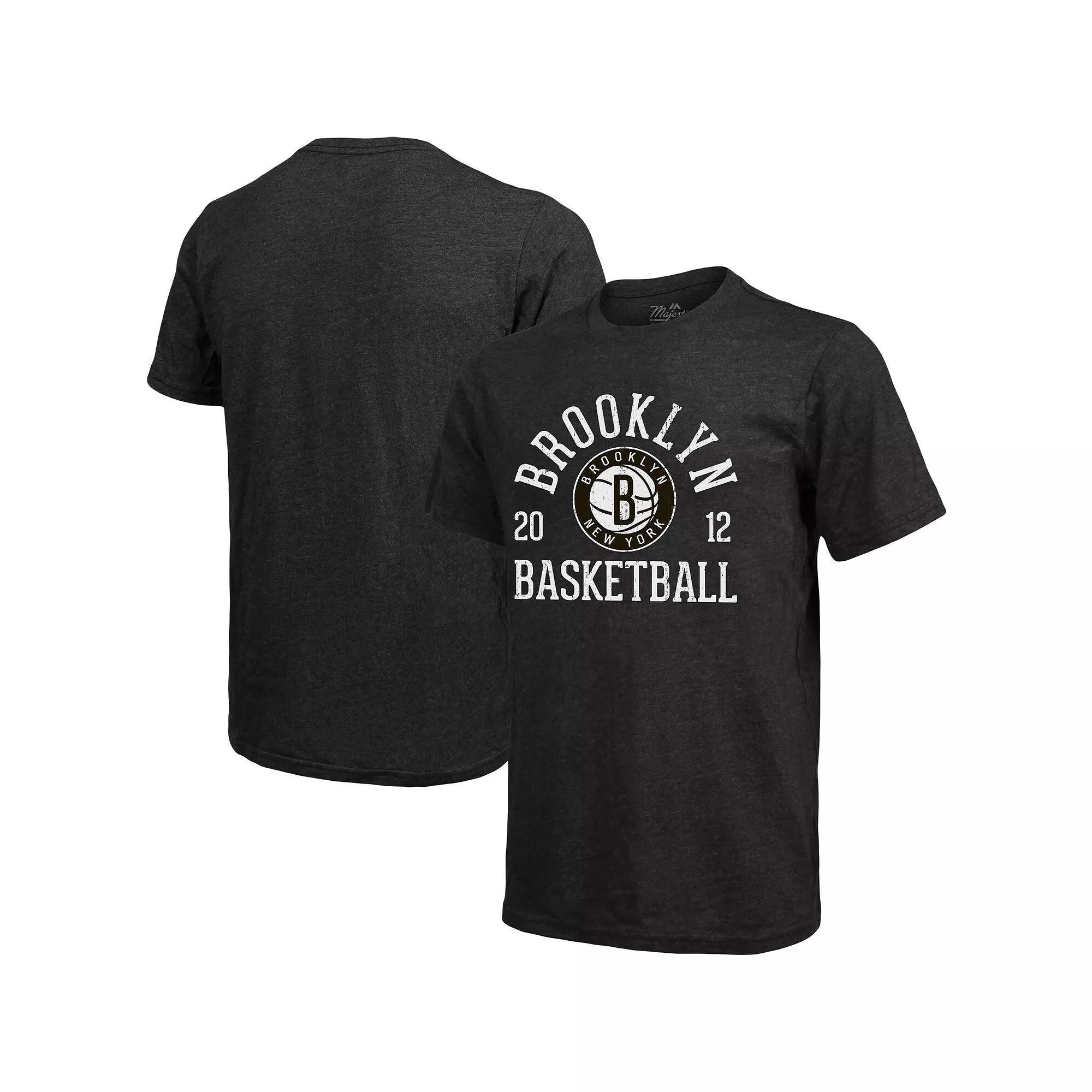 Men's Majestic Threads Heathered Black Brooklyn Nets Ball Hog Tri-Blend T-Shirt,  Product Image