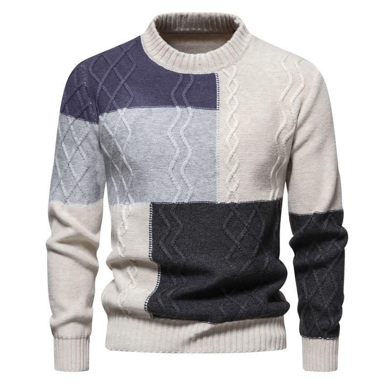 Crew Neck Color Block Cable Knit Sweater Product Image