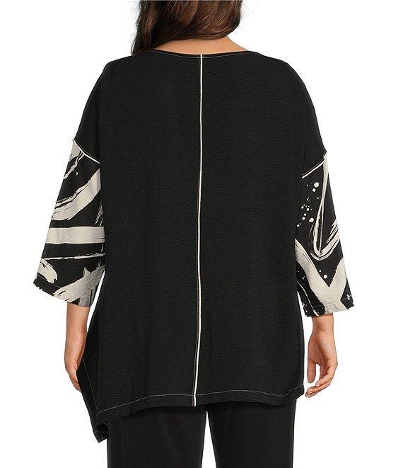 IC Collection Plus Size Woven Abstract Print Boat Neck 3/4 Sleeve Asymmetrical Tunic Product Image
