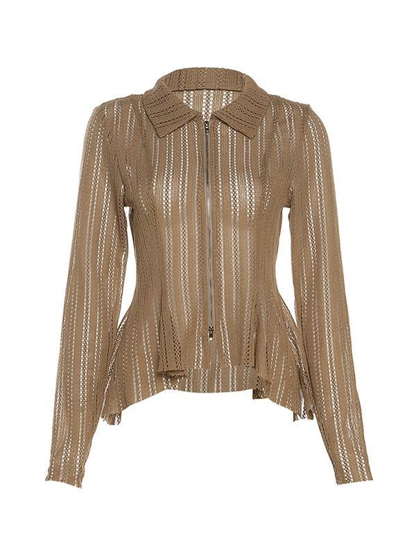 Cutout Ruffle Hem Zip Up Long Sleeve Knit Product Image