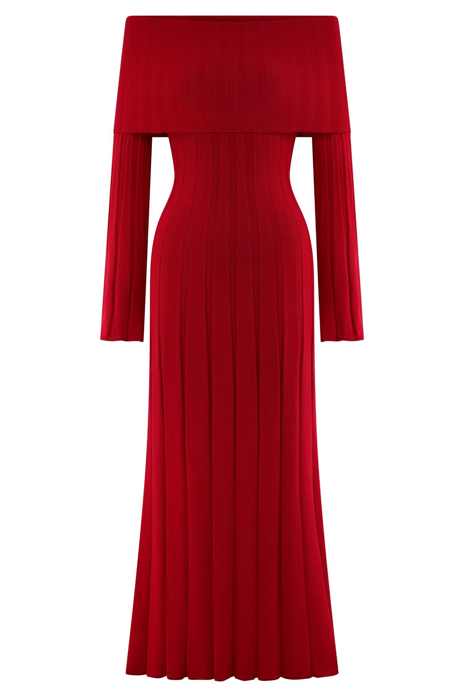 Alonza Long Sleeve Knit Midi Dress - Red Product Image