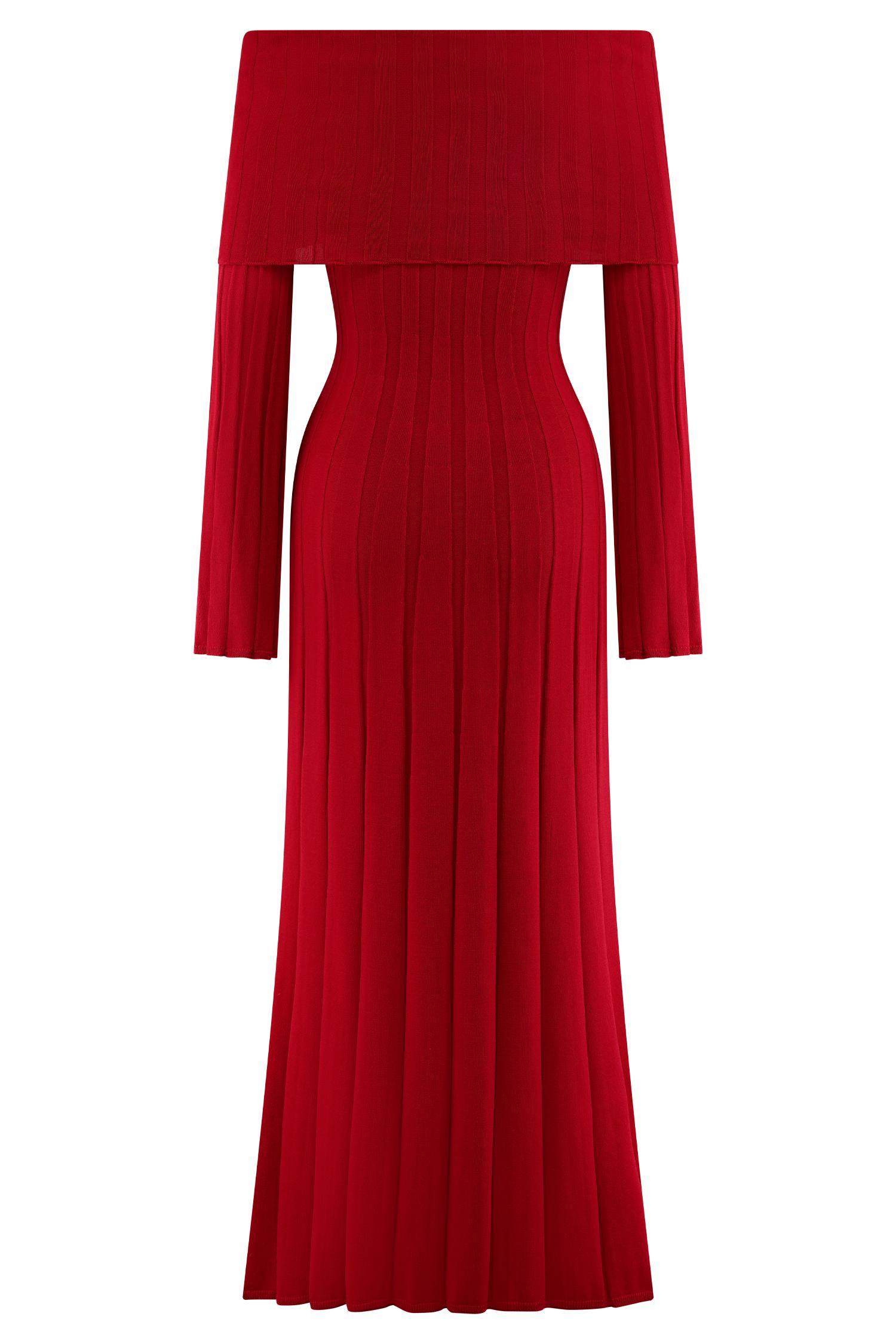 Alonza Long Sleeve Knit Midi Dress - Red Product Image