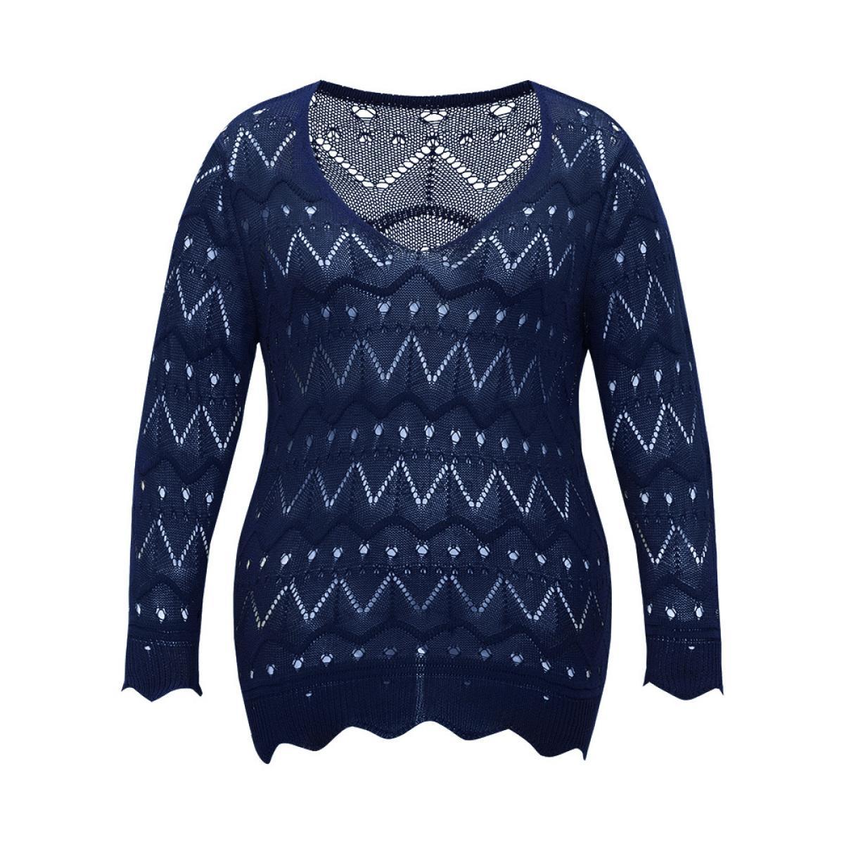 Plus Size Geometric Eyelet Scalloped Trim Drop Shoulder Pullover Indigo Women Casual Loose Long Sleeve Round Neck Dailywear Pullovers BloomChic 22-24/3X Product Image