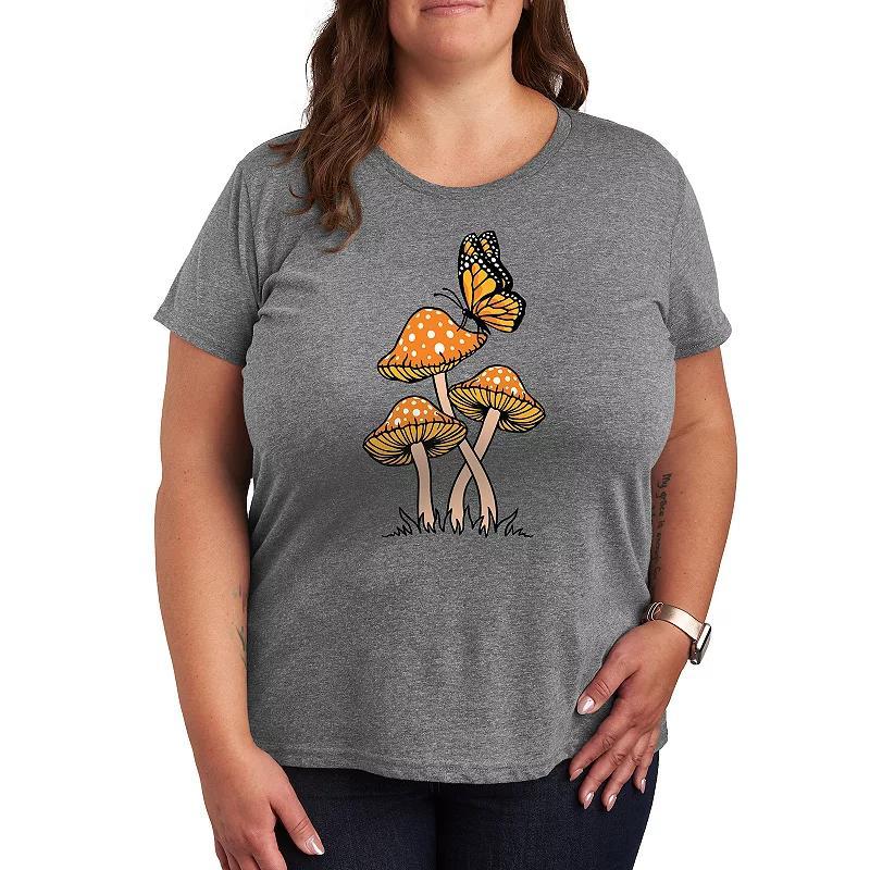 Plus Mushrooms With Butterfly Graphic Tee, Womens Grey Gray Product Image