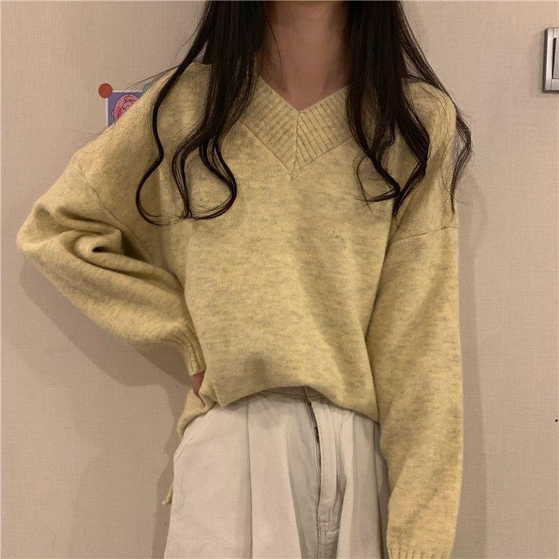 V-Neck Plain Sweater Product Image