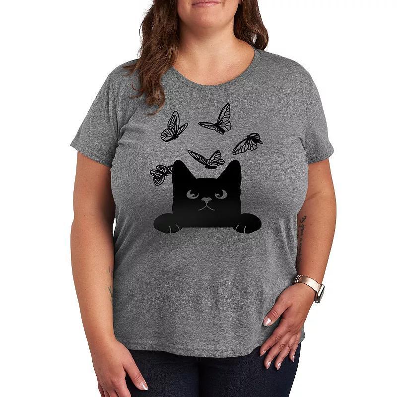 Plus Peeking Cat And Butterflies Graphic Tee, Women's, Size: 3XL, Grey Gray Product Image