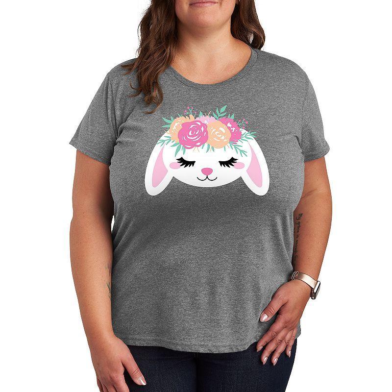 Plus Bunny Face With Flower Crown Graphic Tee, Women's, Size: 2XL, Grey Royal Blue Product Image