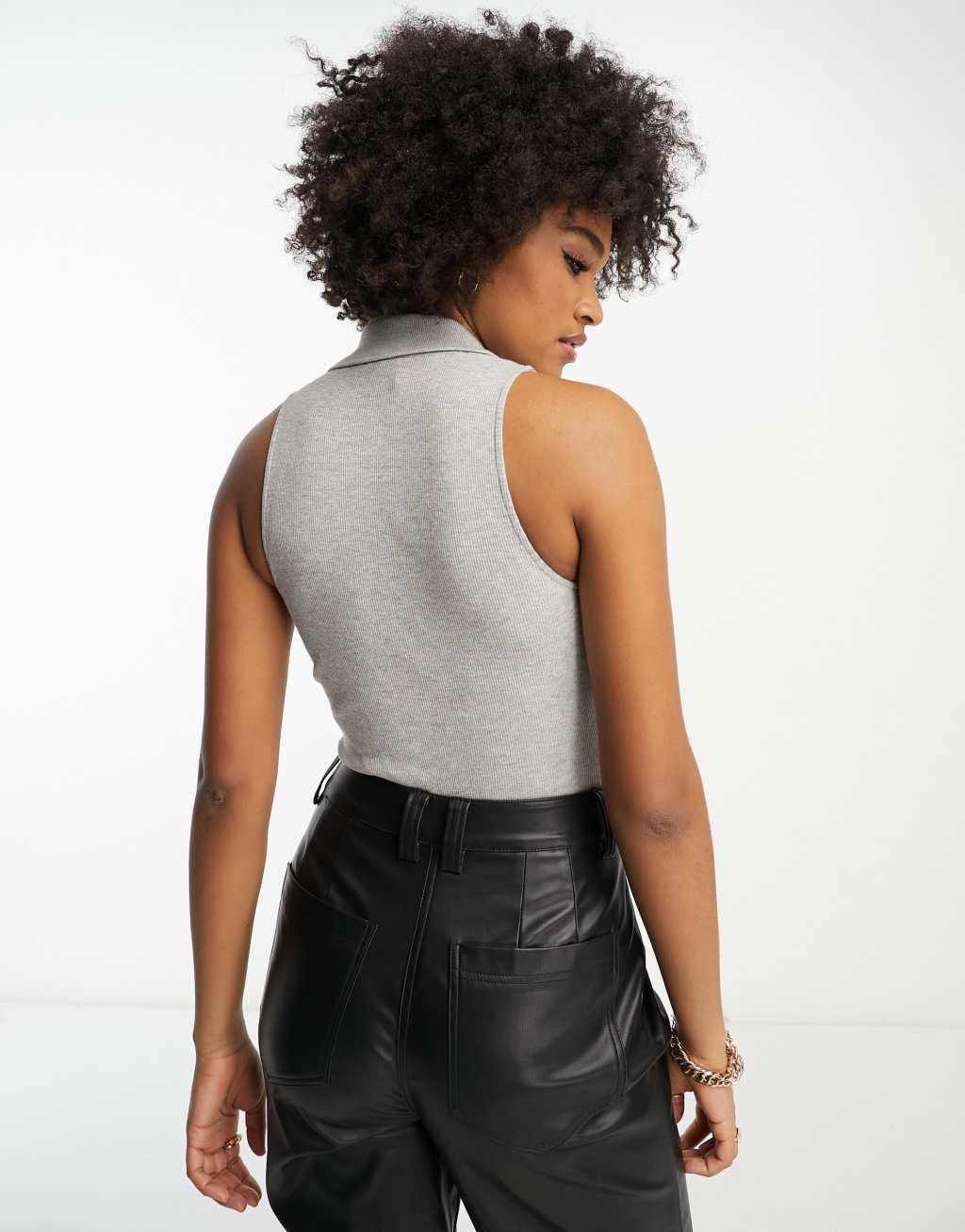 ASOS DESIGN Tall polo rib bodysuit in gray heather Product Image