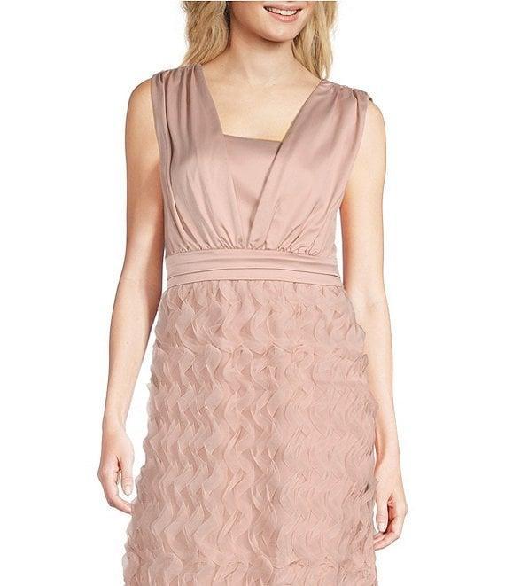 JS Collections Satin Ruffle Mesh V Neck Sleeveless Gown Product Image