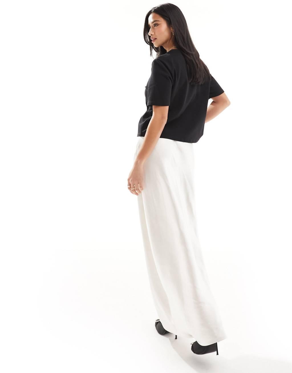 4th & Reckless Petite exclusive satin drawstring waist maxi skirt in cream Product Image