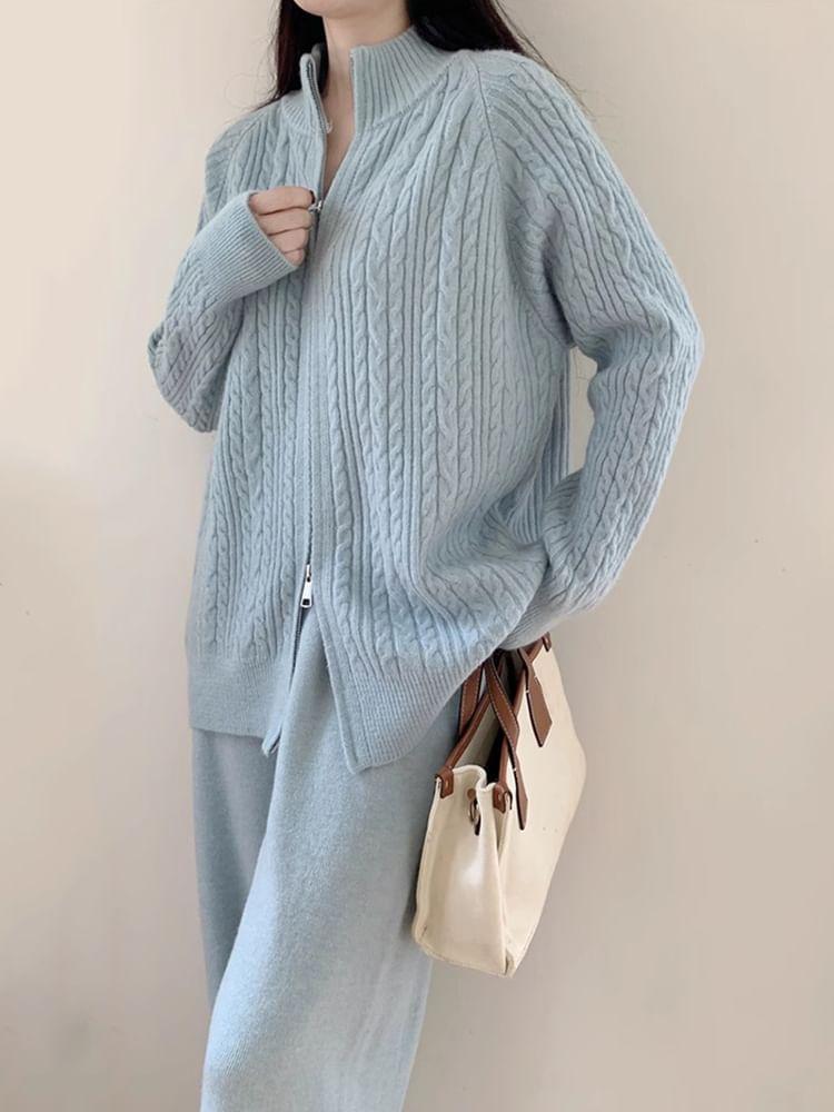 Set: Plain Cable-Knit Zip Cardigan + High Rise Knit Wide Leg Pants Product Image