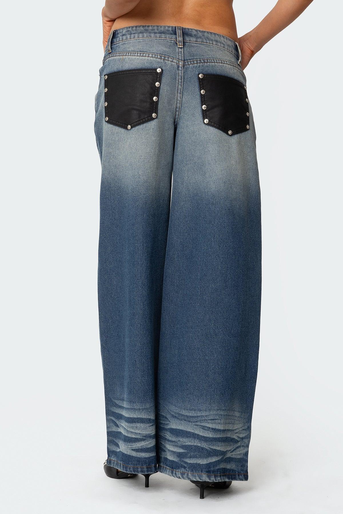 Faux Leather Pocket Low Rise Jeans Product Image