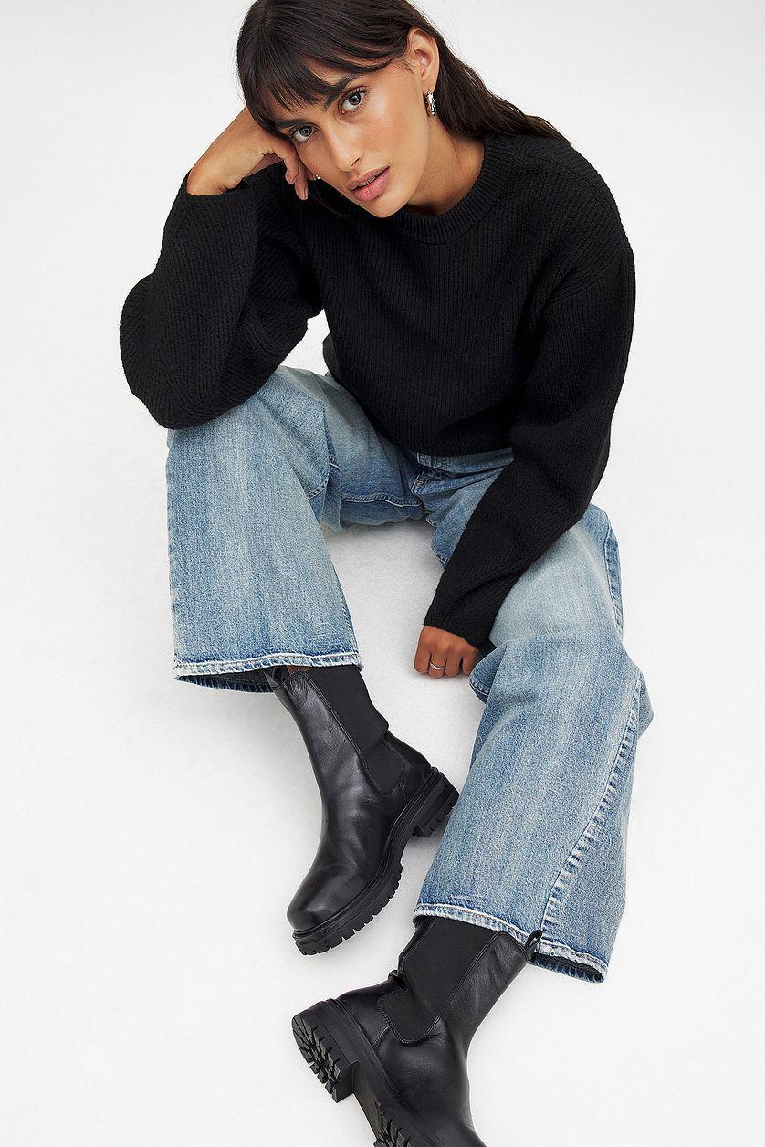 Leather Chunky Flat Sole Boots Product Image