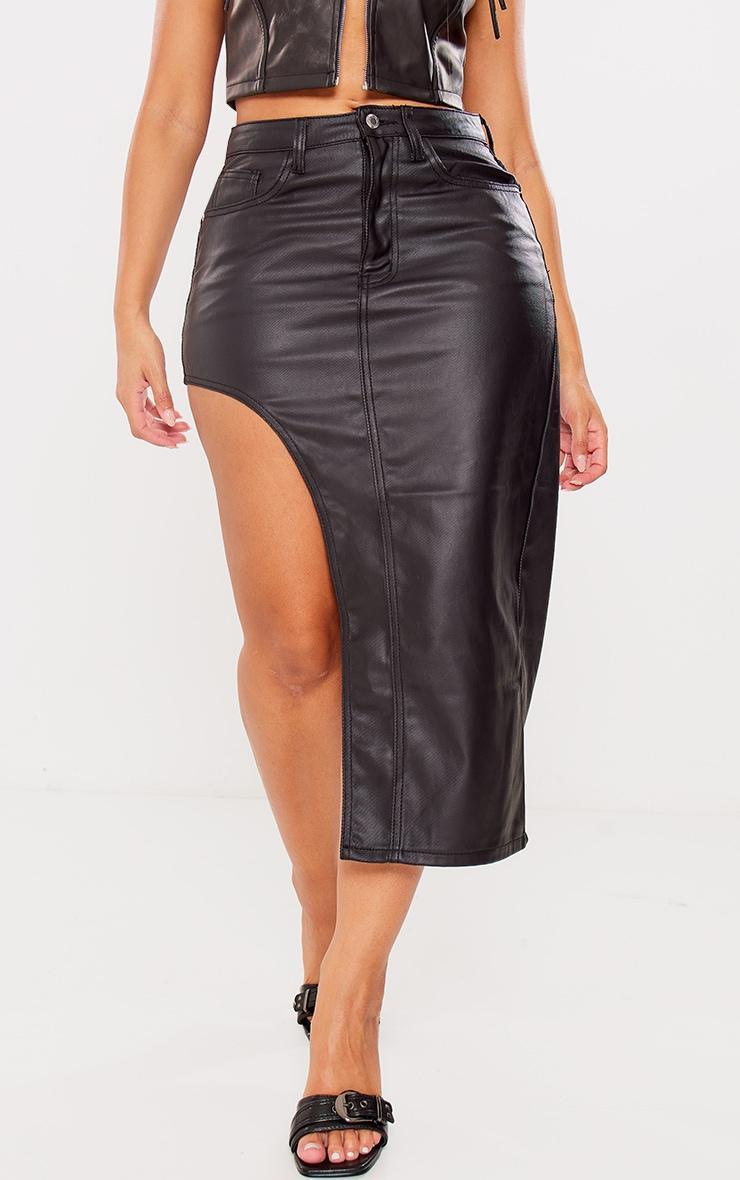 Shape Black Coated Denim Asymmetric Midi Skirt Product Image