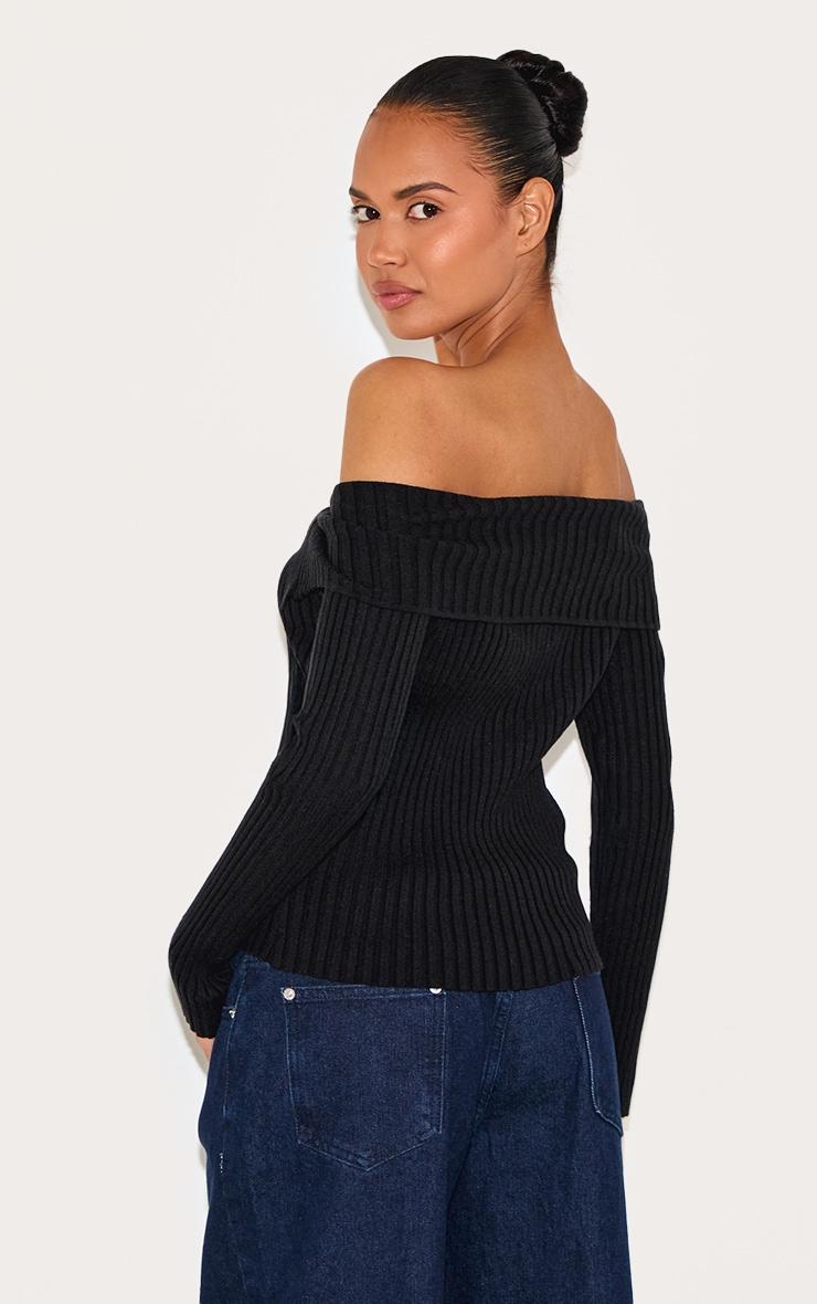 Black Rib Knit Fold Over Button Up Top Product Image