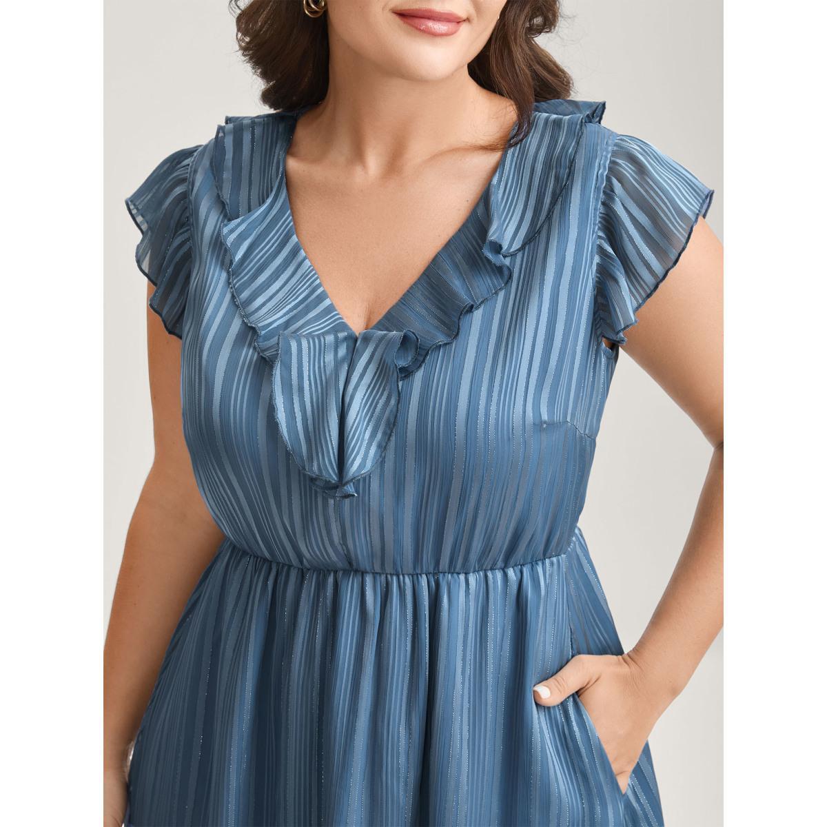 Plus Size Textured Stripe Ruffled Neck Midi Dress Stone Women V-neck Cap Sleeve Curvy BloomChic 10/M Product Image