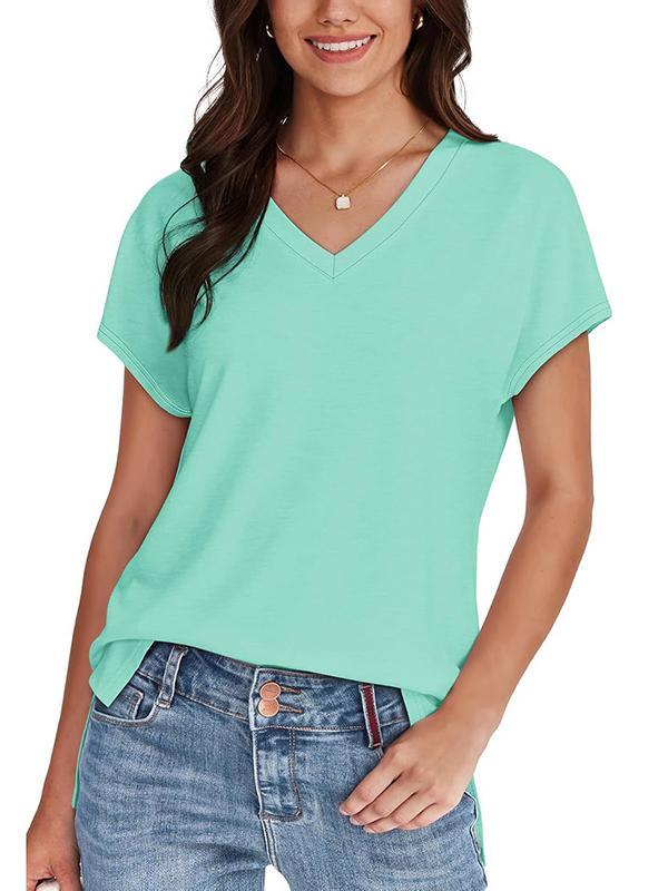 High-Low Raglan Sleeve Solid Color Split-Joint Split-Side V-Neck T-Shirts Product Image
