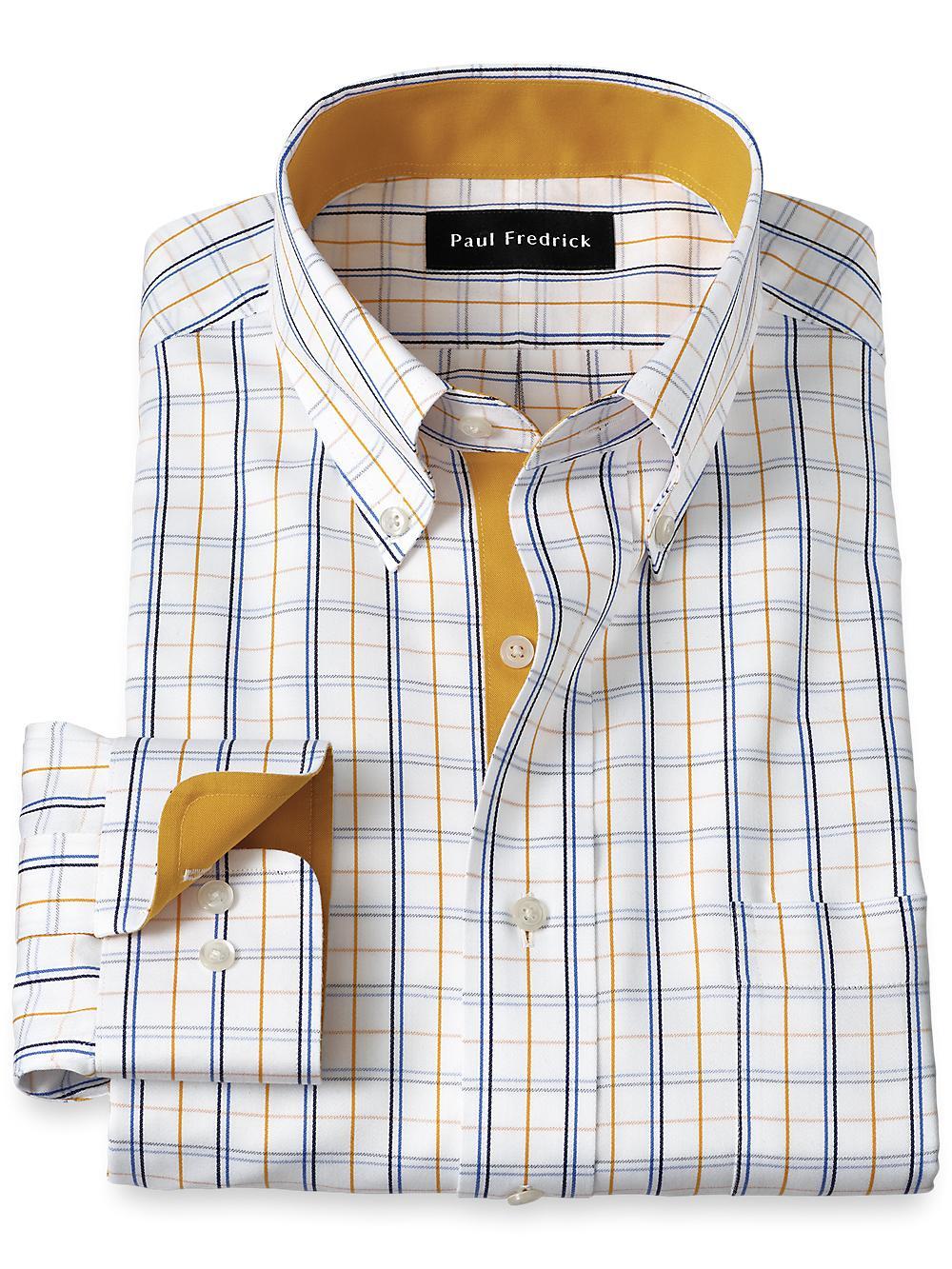 Non-Iron Cotton Windowpane Dress Shirt With Contrast Trim - White/gold Product Image