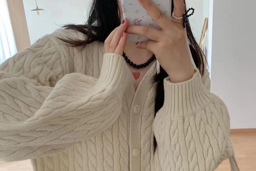 Long Sleeve Plain Cable-Knit Cropped Cardigan Product Image