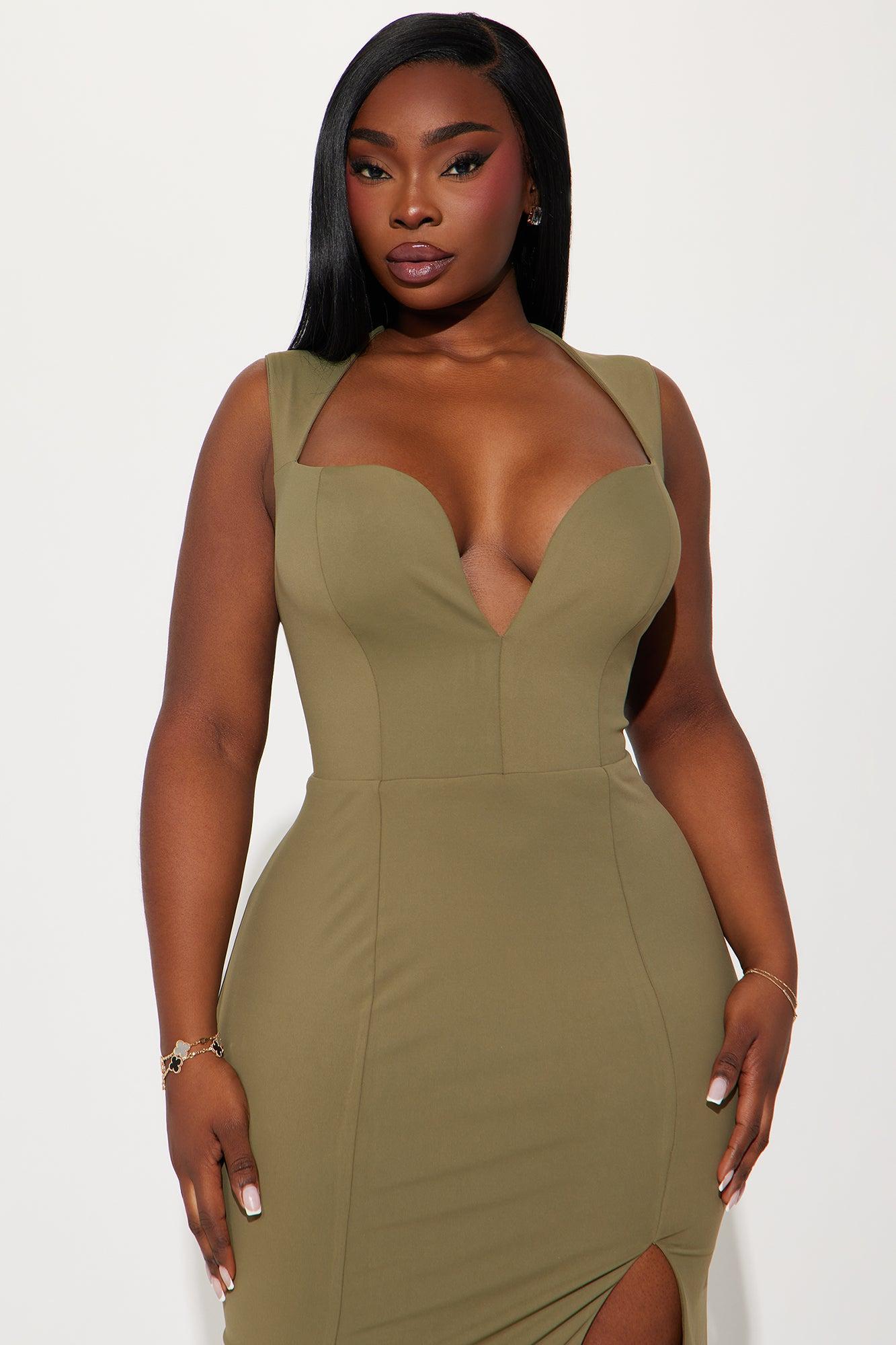 Amma Sculpt VNeck Midi Dress - Olive Product Image
