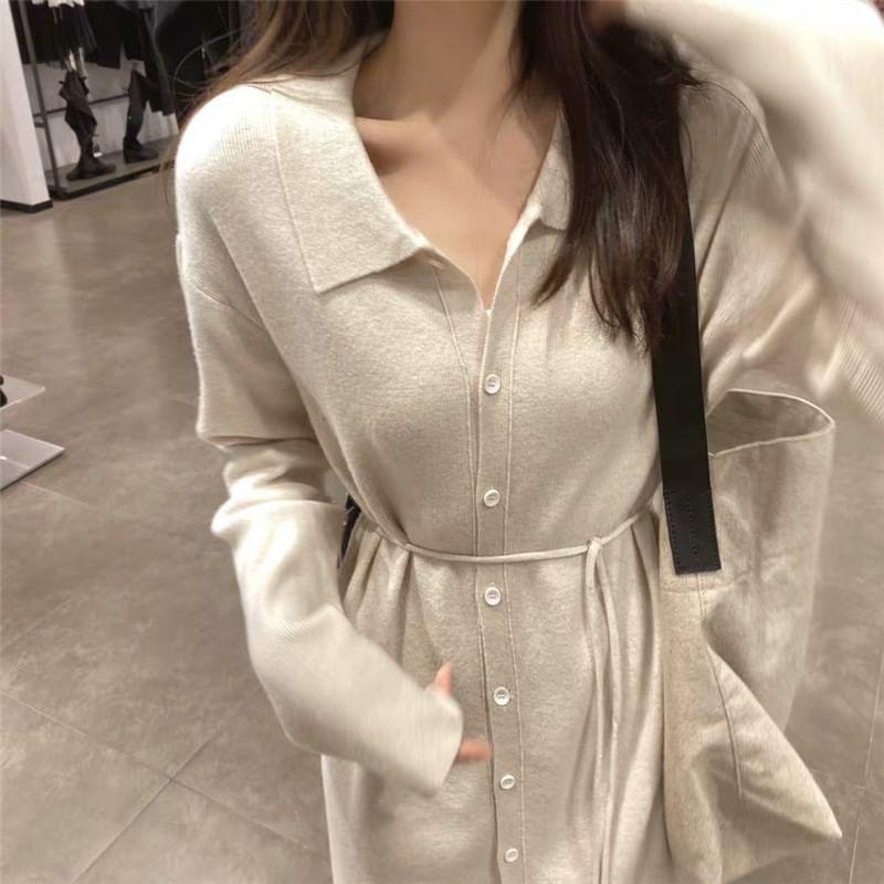 Long Sleeve Collared Plain Button Tie-Waist Knit Midi Sheath Dress Product Image