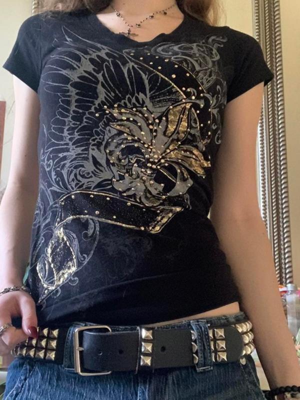 Vintage Printed Rhinestone Short Sleeve Tee Product Image