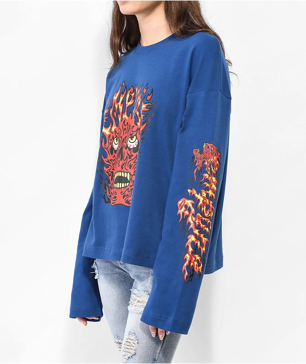 Empyre Reelah Flame Skull Blue Long Sleeve T-Shirt Product Image