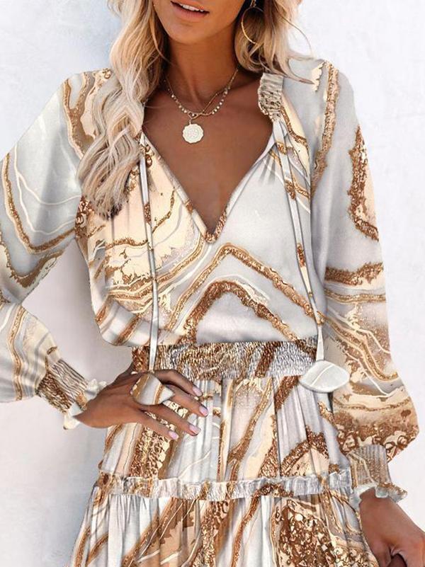 A-Line Long Sleeves Contrast Color Pleated Split-Joint Tied V-Neck Mini Dresses Product Image