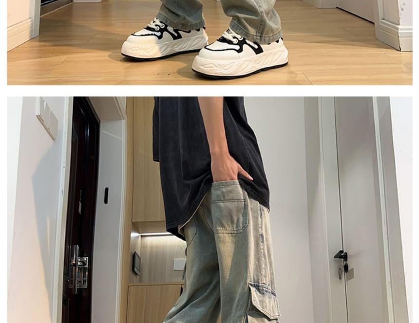 Drawstring Waist Washed Loose Fit Cargo Jeans Product Image