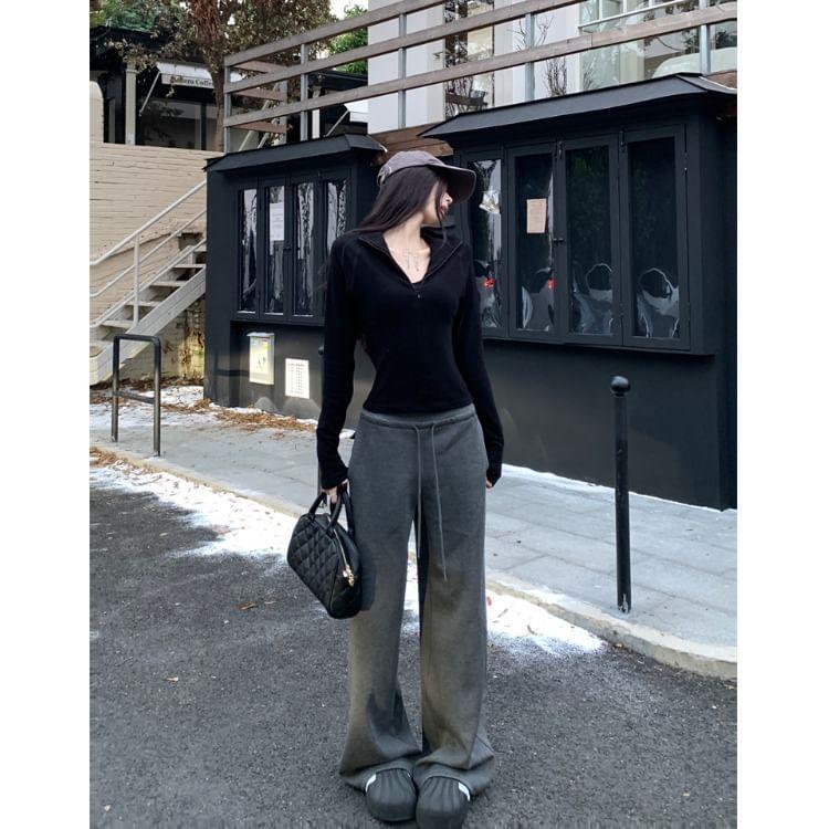 Long Sleeve Stand Collar Plain Half Zip Top / Drawstring Waist Plain Wide Leg Sweatpants Product Image