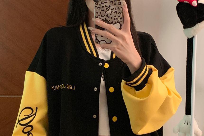 Lettering Embroidered Button Baseball Jacket / High Waist Plaid Pleated Mini A-Line Skirt Product Image