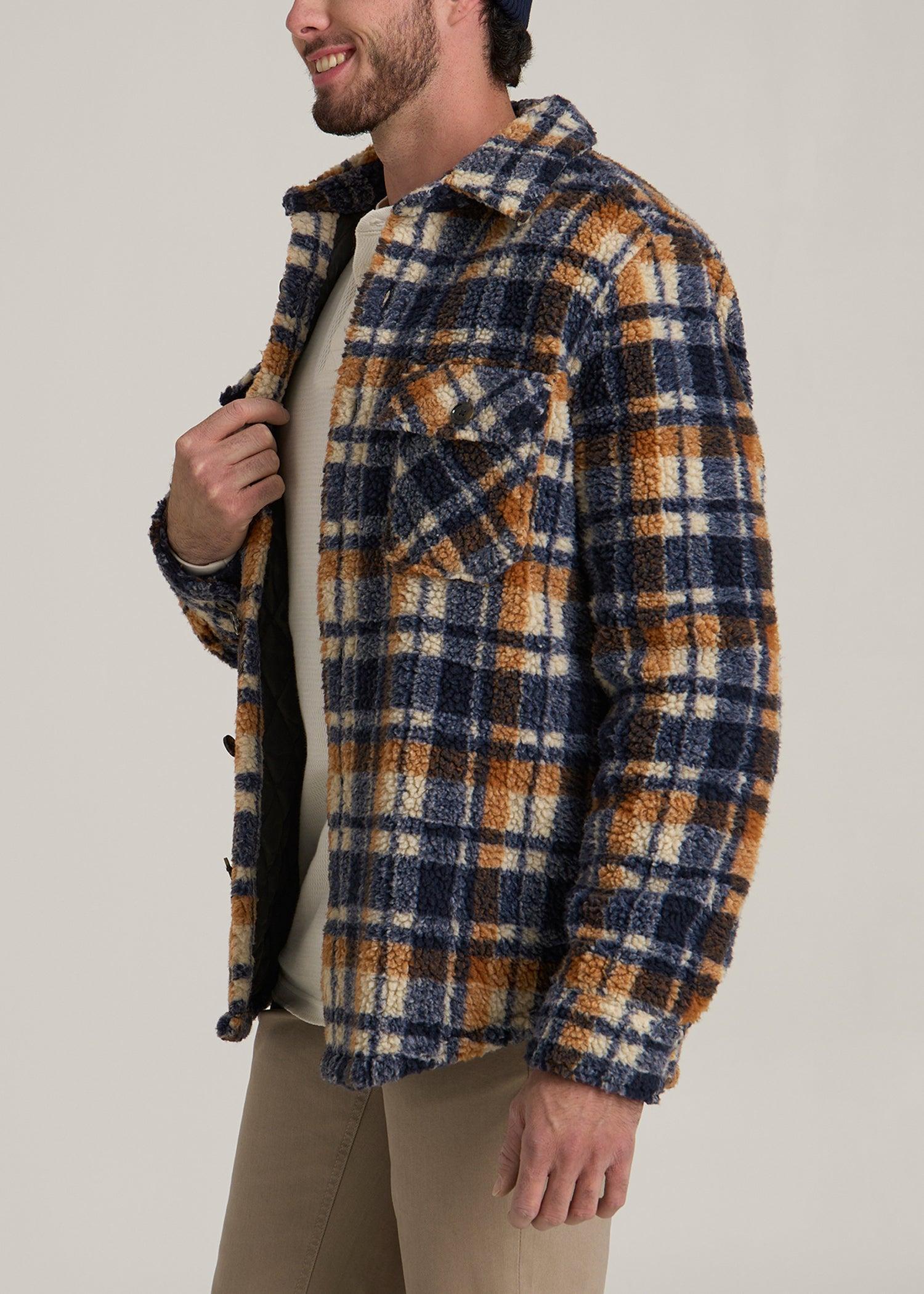 Tall Men's Sherpa Shirt Jacket in Dark Blue and Orange Plaid Product Image