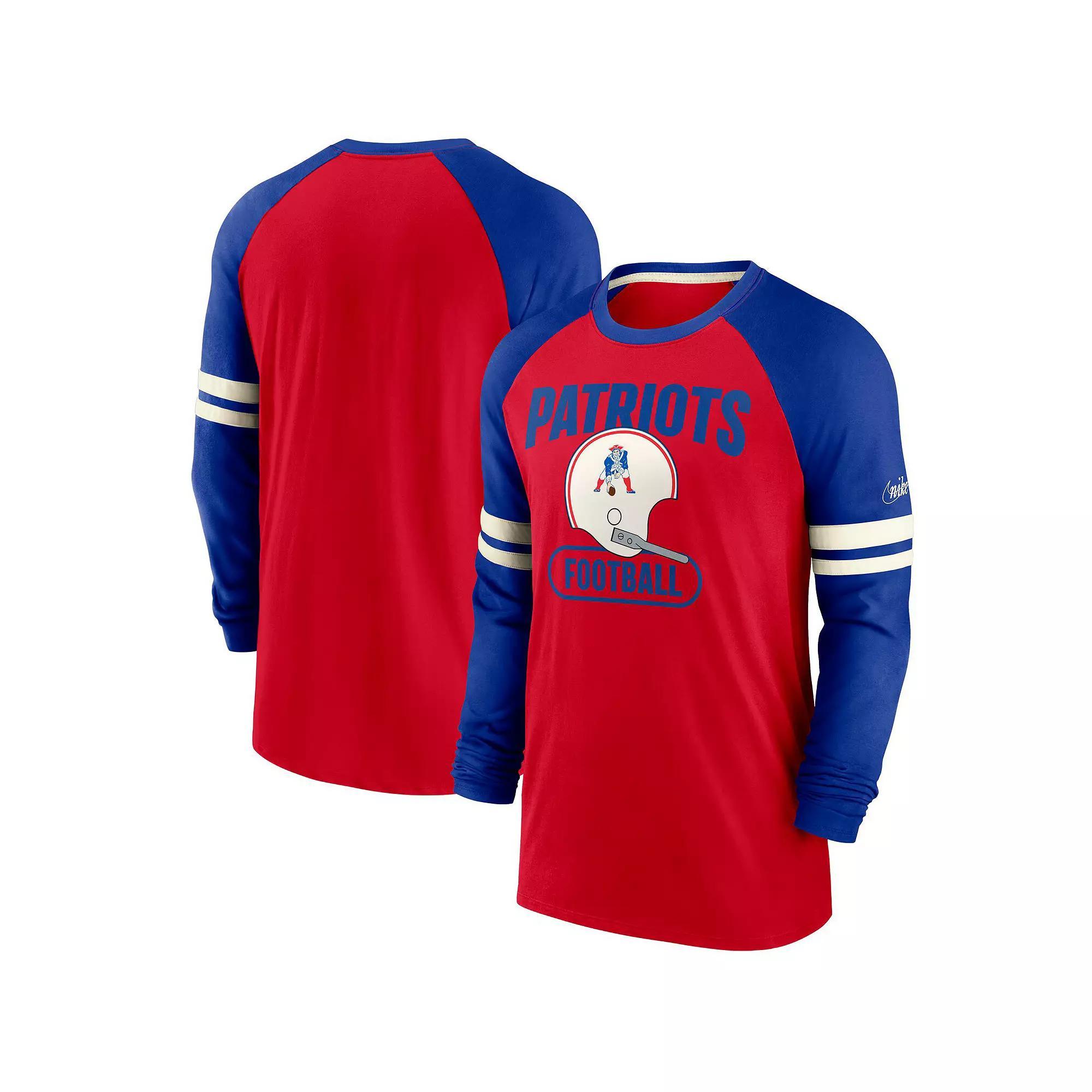 Men's Nike Red/Royal New England Patriots Throwback Raglan Long Sleeve T-Shirt, Size: Small Product Image