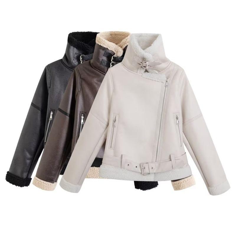 Fleece-Lined Faux Leather Belted Zip Biker Jacket Product Image