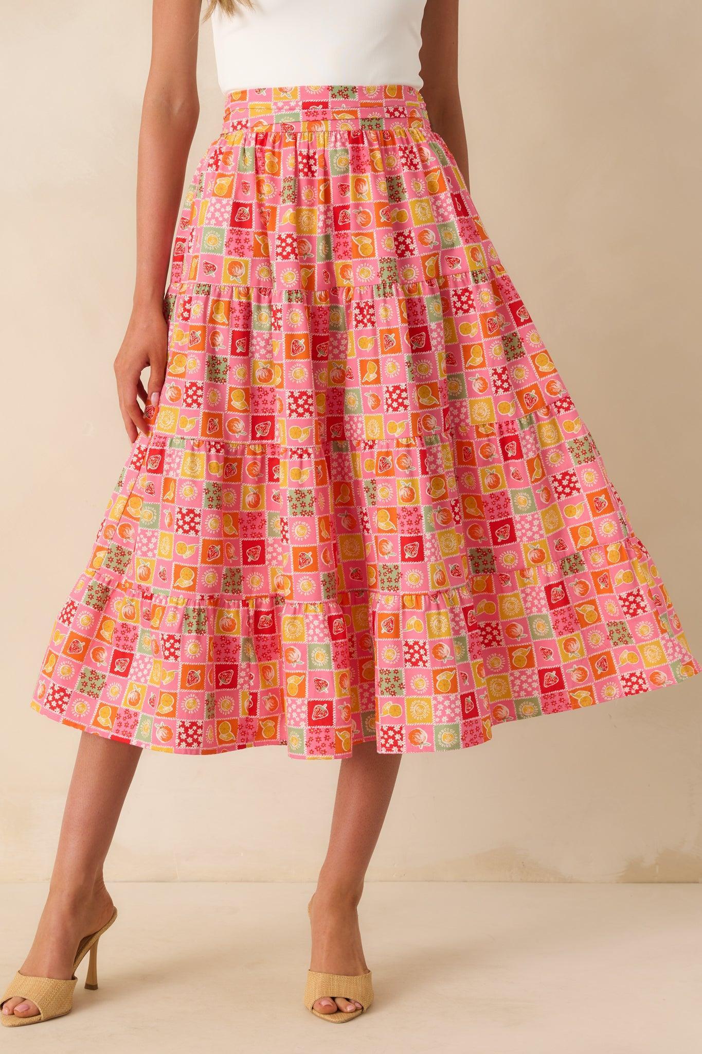 Looks Just Right Pink Multi Patchwork Print Midi Skirt Product Image