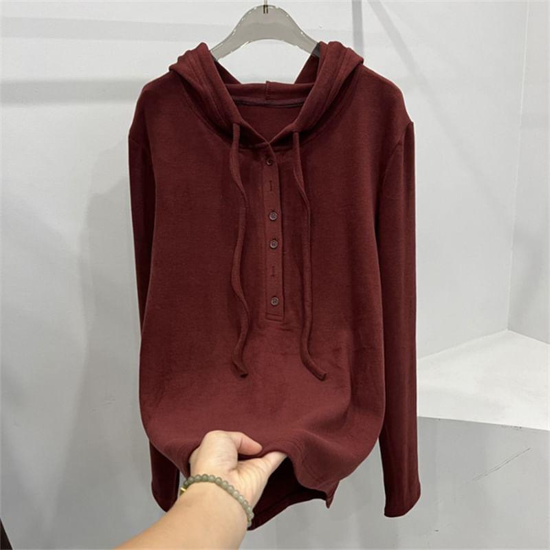 Long Sleeve Hooded Plain Henley Neck Oversized Top Product Image