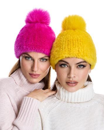 Knitted Mink Hat with Fox Pom Pom Product Image