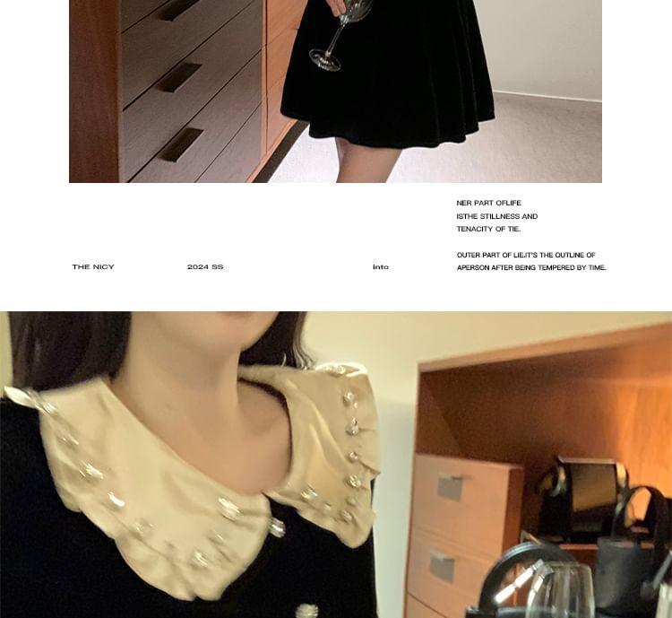 Long-Sleeve Peter Pan Collar Two Tone Rhinestone Accent Velvet Mini A-Line Dress Product Image