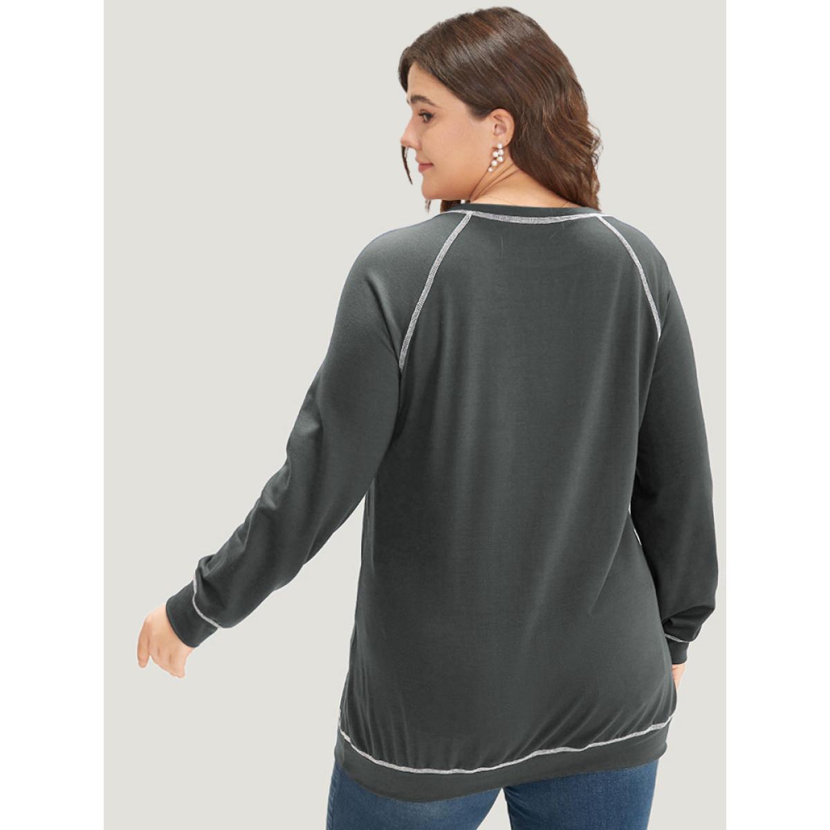 Plus Size Floral Print Stitch Crew Neck Raglan Sleeve Sweatshirt Women ArmyGreen Casual Elastic cuffs Dailywear Sweatshirts BloomChic 22-24/3X Product Image