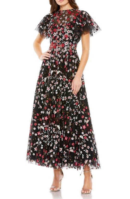 Womens Floral Embroidered Flutter-Sleeve Midi-Dress Product Image