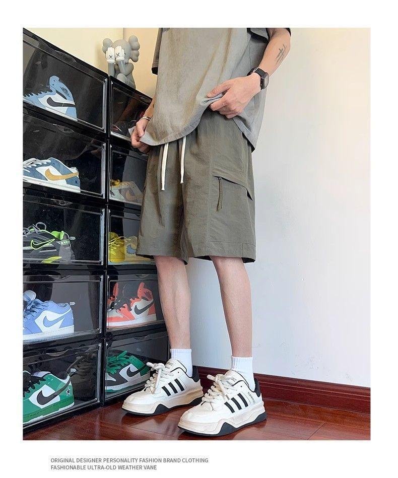 Drawstring Waist Plain Cargo Shorts Product Image