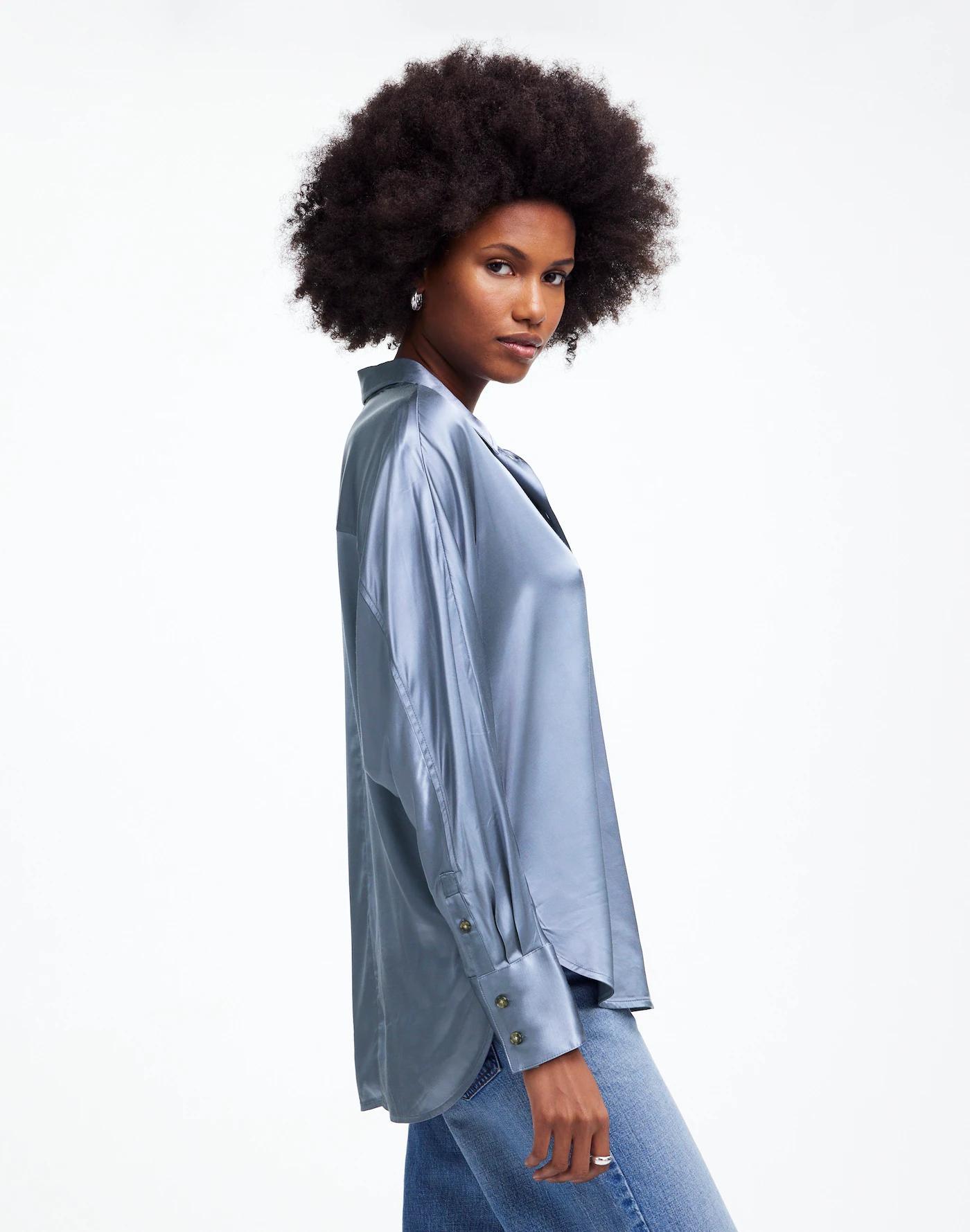 Relaxed Dolman Button-Up Shirt in Satin Product Image